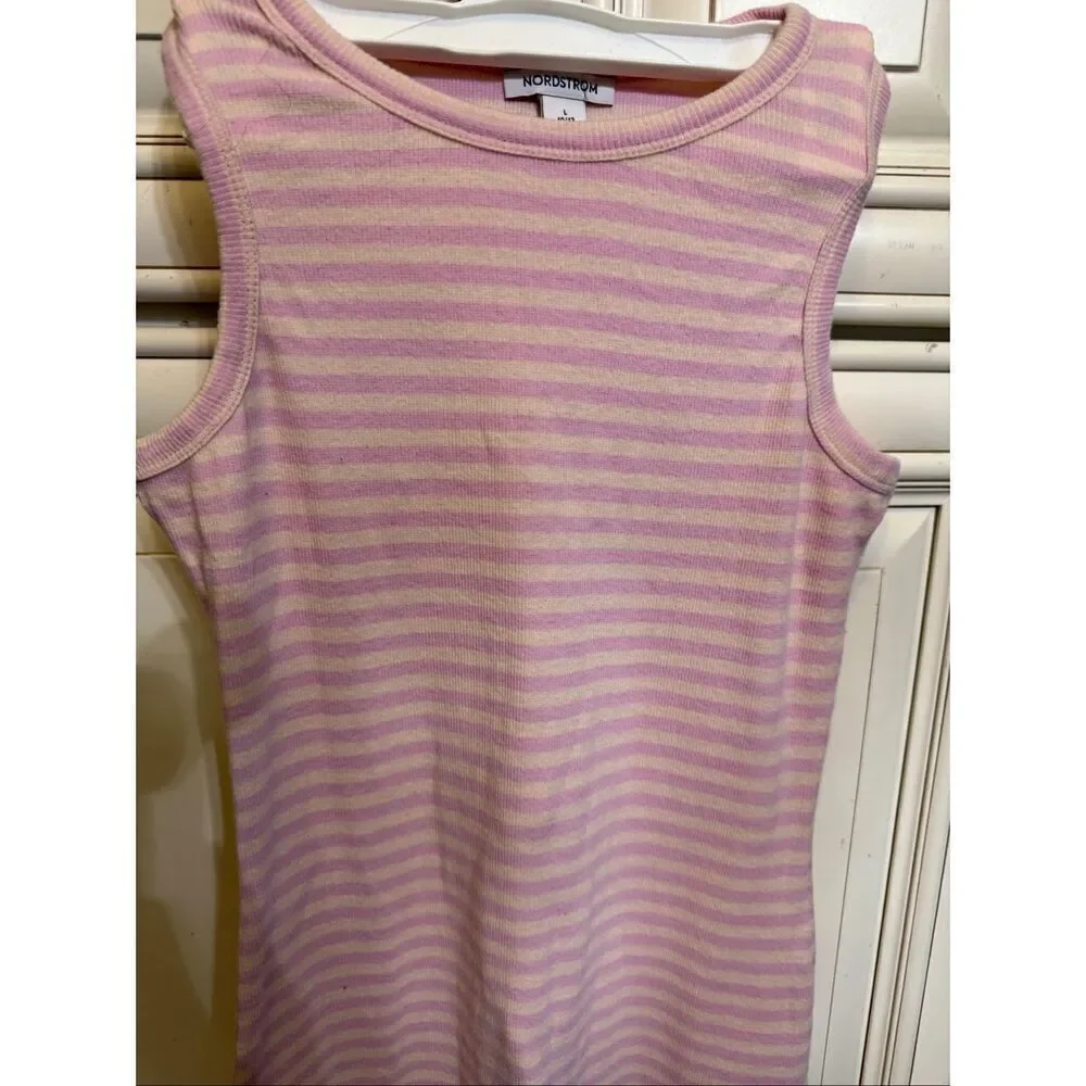 Nordrstrom Girls Striped Ribbed Stretch Sleeveless Tank Dress Pink Tan Sz 10/12
